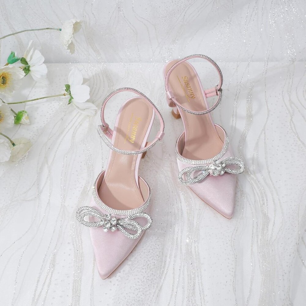 Women's Lightpink Closed Toe Rhinestone Wedding Low Slingback Clear Kitten Heels - Picture 1 of 9